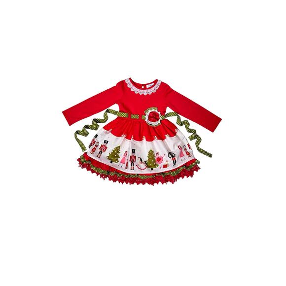 Counting Daisies Dress Size 5 Nutcracker Red Holiday Lace Trim Long Sleeve - Picture 2 of 12